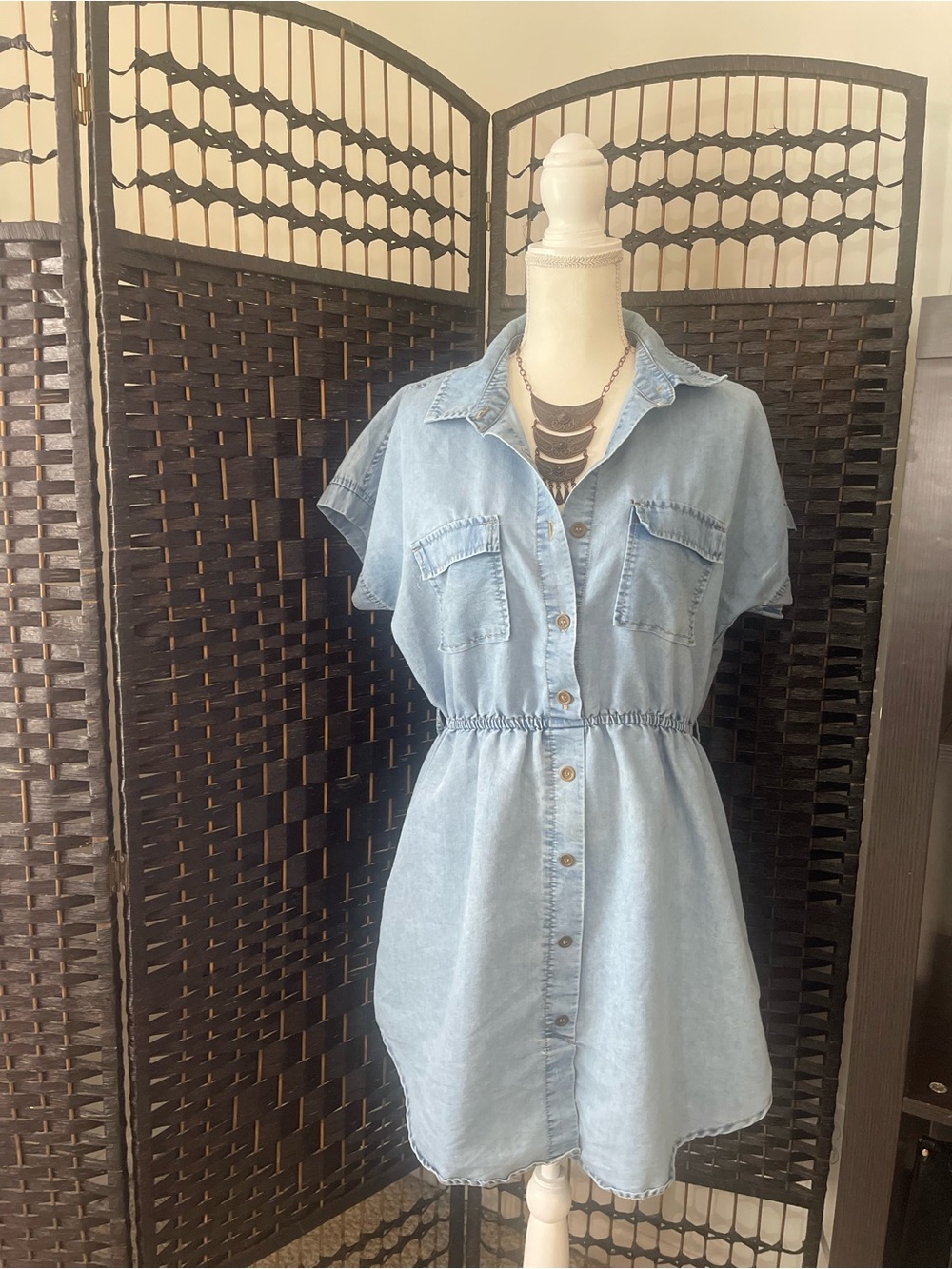 indulge Light Blue Denim Mini Shirt Dress